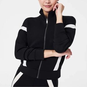 Spanx AirEssentials Striped Track Jacket in Black with White Contrast Stripes